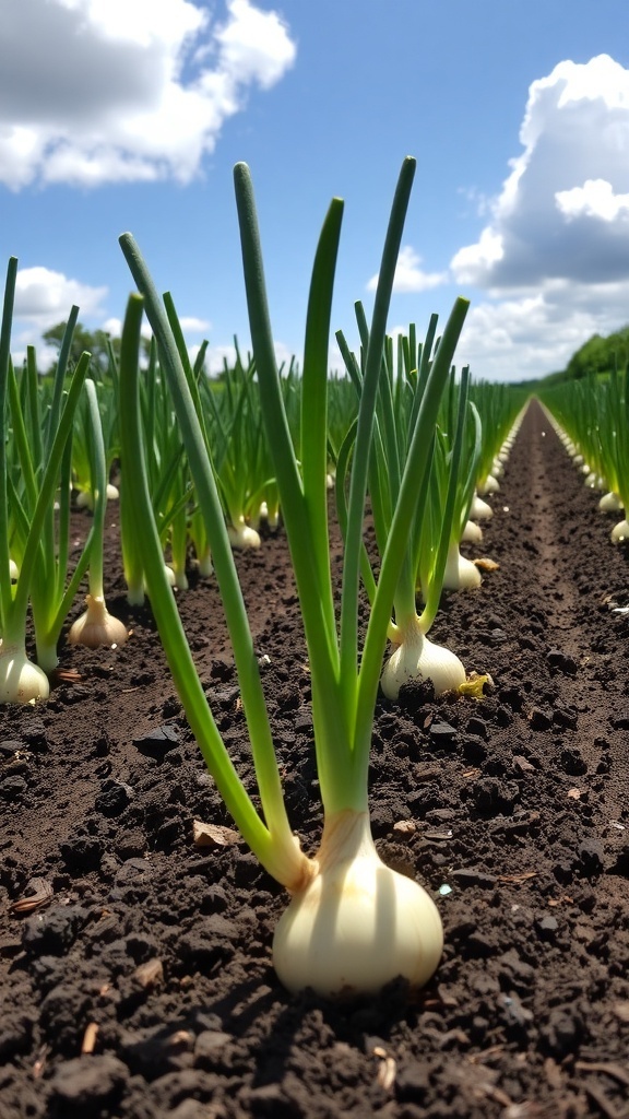 Onion Garden Planting Guide A lush onion garden with green tops and visible bulbs in sunlight.